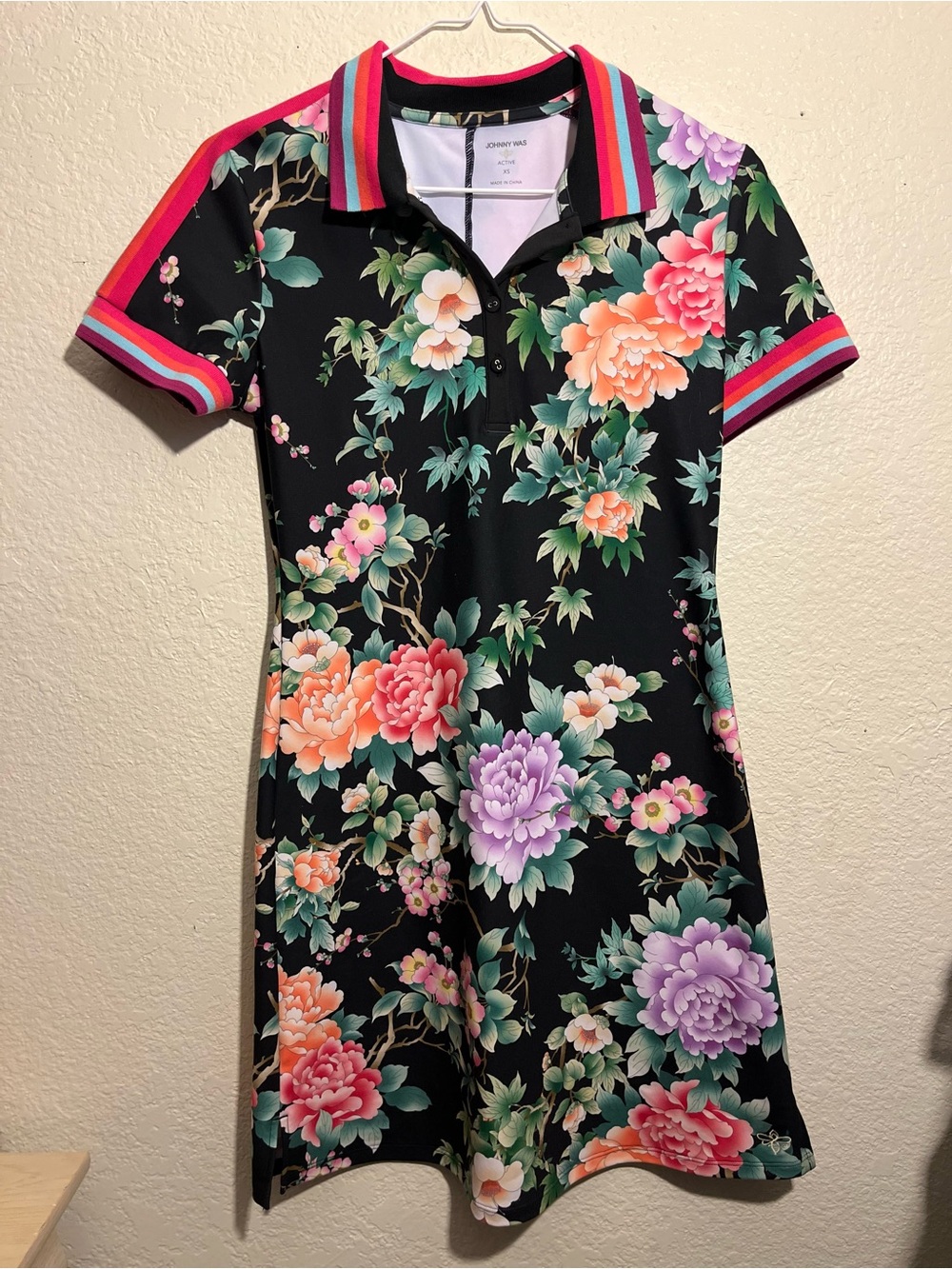 Johnny Was Black Floral Polo with Pink-Striped Trim